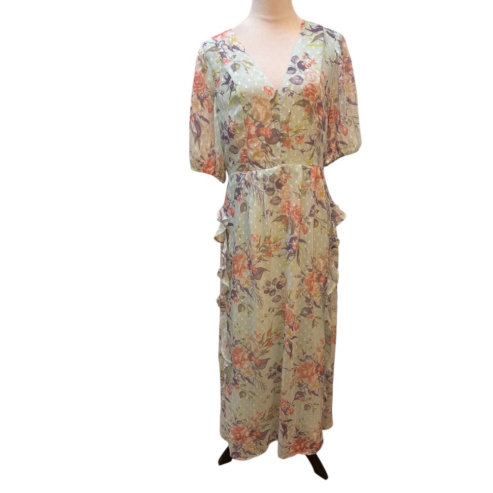 Dizzy Lizzy Floral Swiss Dot Maxi Dress Blue Pink‎ Ruffle Smocked Back Size L